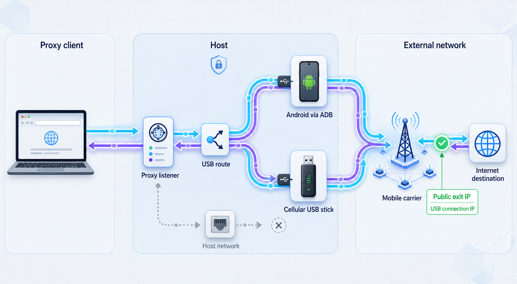 Proxy traffic flows through the host and a selected USB device to the internet.