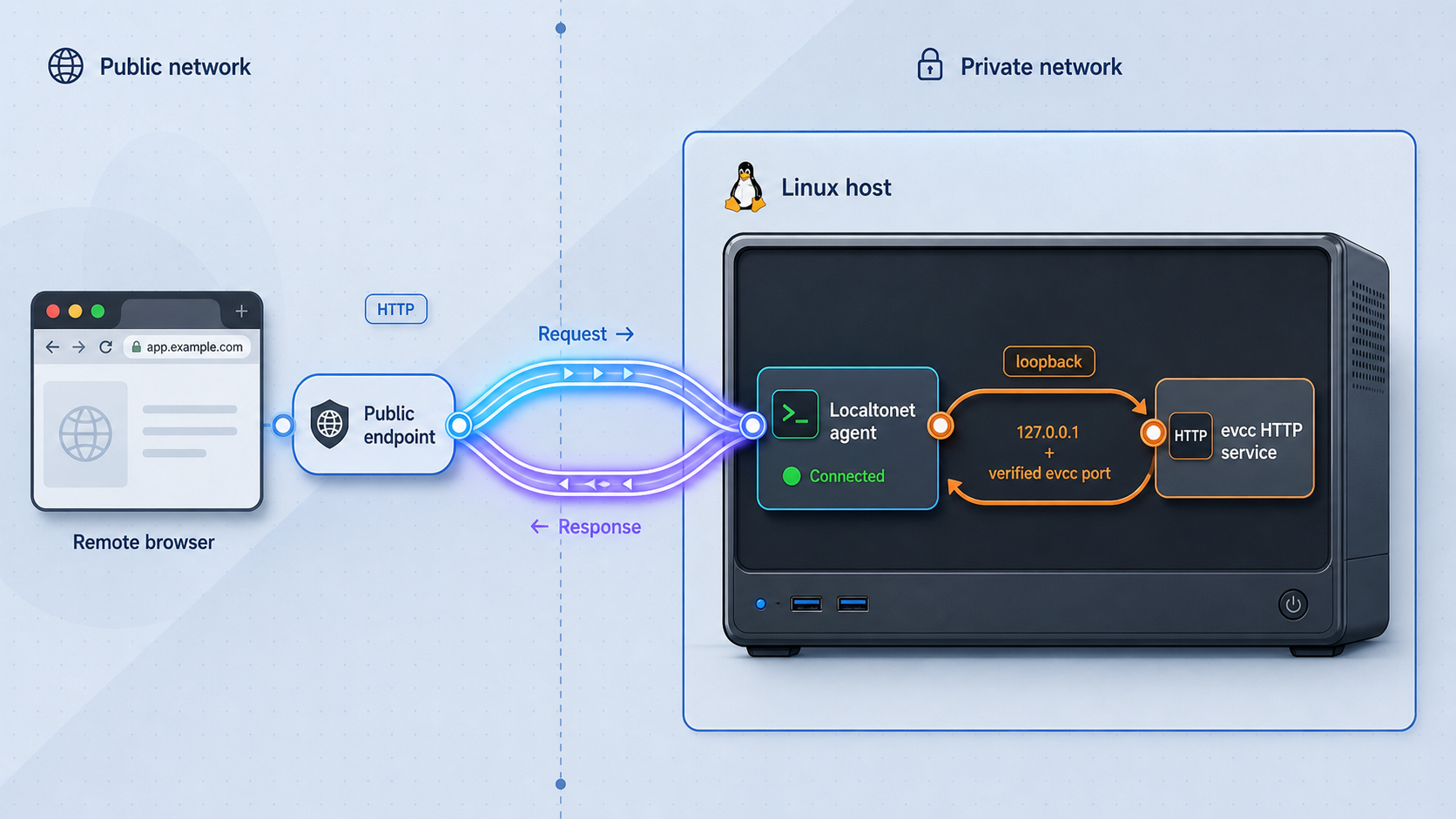 Localtonet targets the verified evcc loopback address and port on the same Linux host.