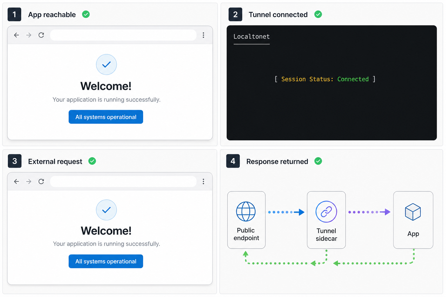 Validation workspace checking the app, tunnel connection, external request, and returned response.