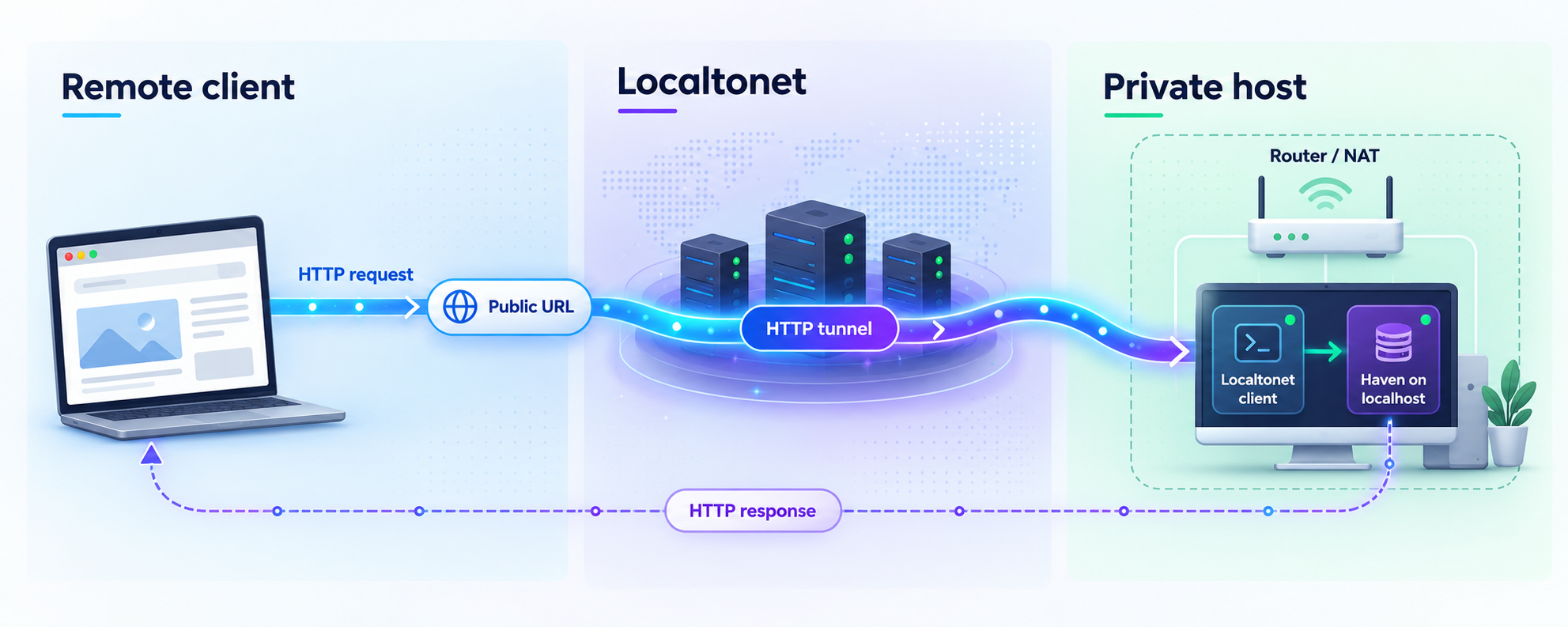HTTP traffic passes from a remote browser through Localtonet to Haven on a private host.