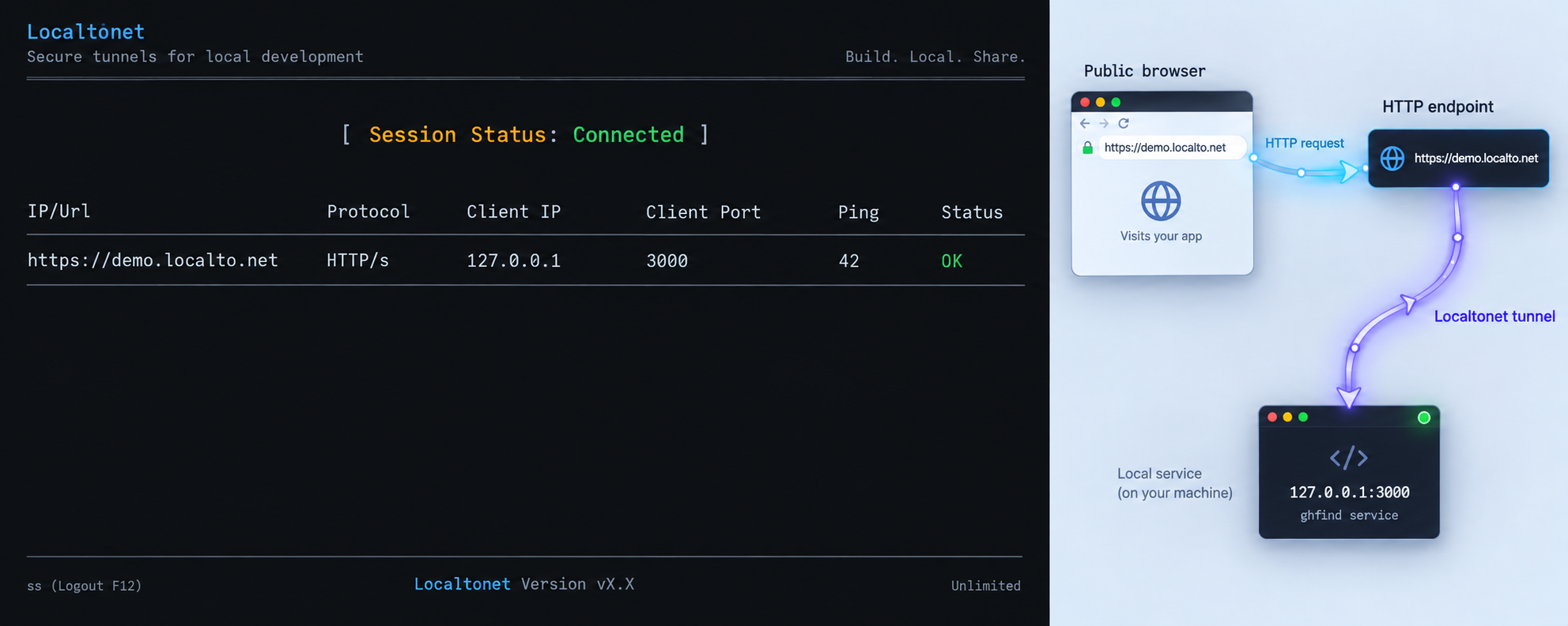 A connected Localtonet HTTP tunnel forwards a public endpoint to ghfind on port 3000.