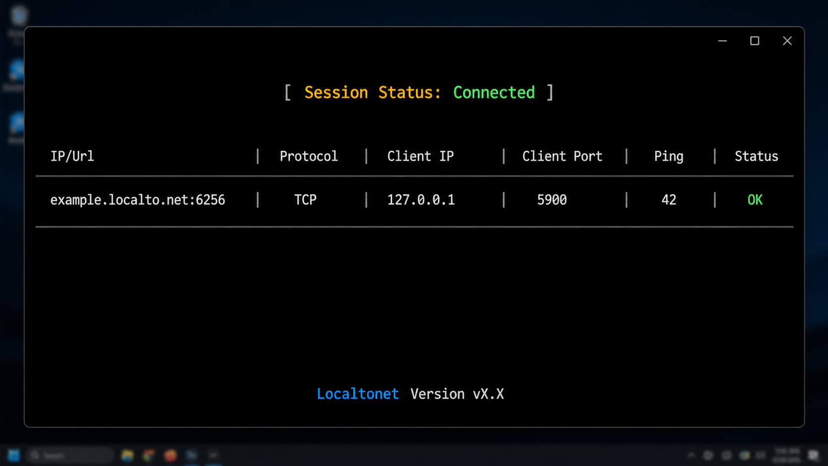 Localtonet terminal console showing a connected TCP tunnel from a Localtonet public endpoint to 127.0.0.1 on the local Wayland remote desktop port.