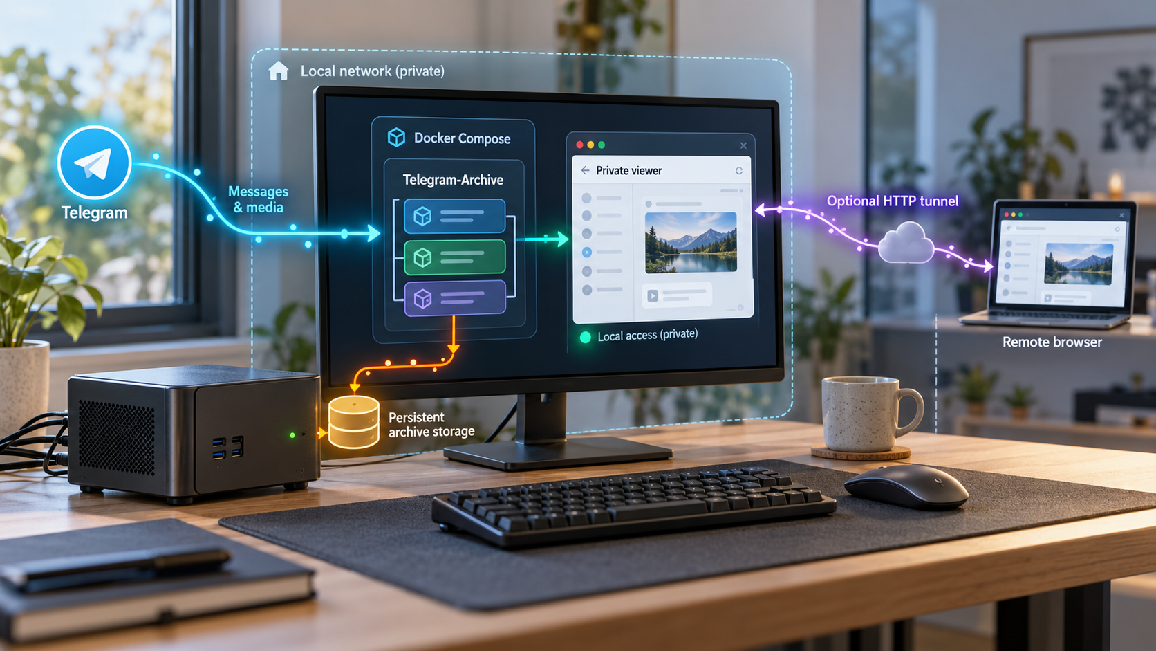 Telegram data flows through a Docker Compose archive service to storage, a local viewer, and an optional HTTP tunnel.