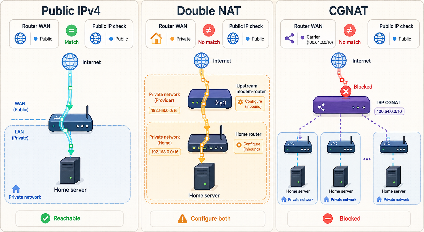 Three network topologies comparing public IPv4, double NAT, and carrier-grade NAT.