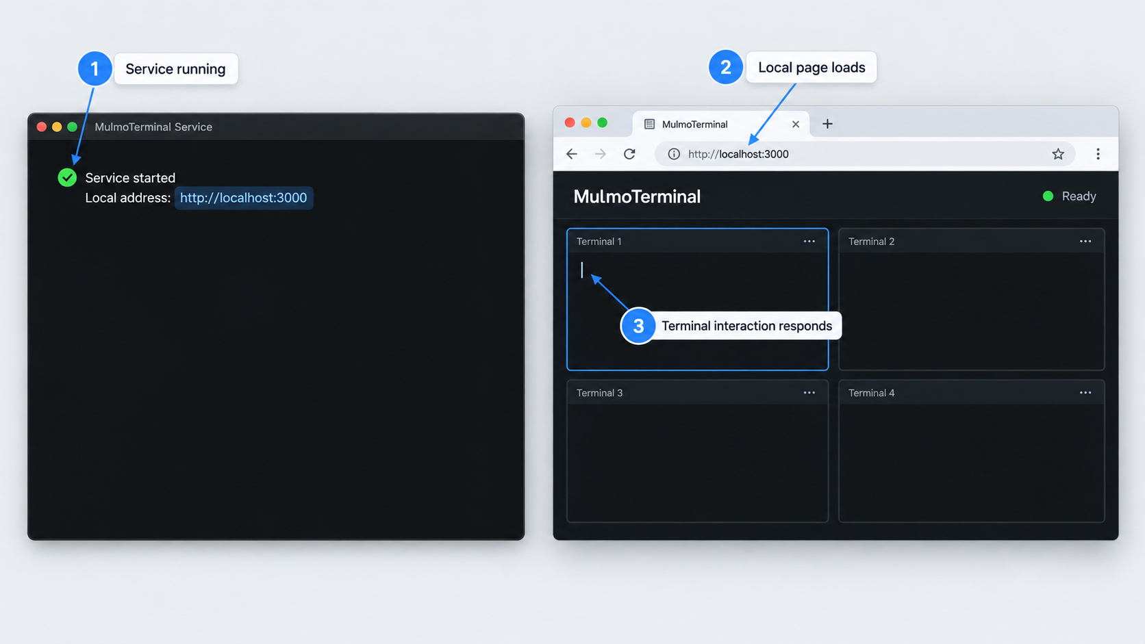 Local verification view with MulmoTerminal running and its browser terminal open on localhost.