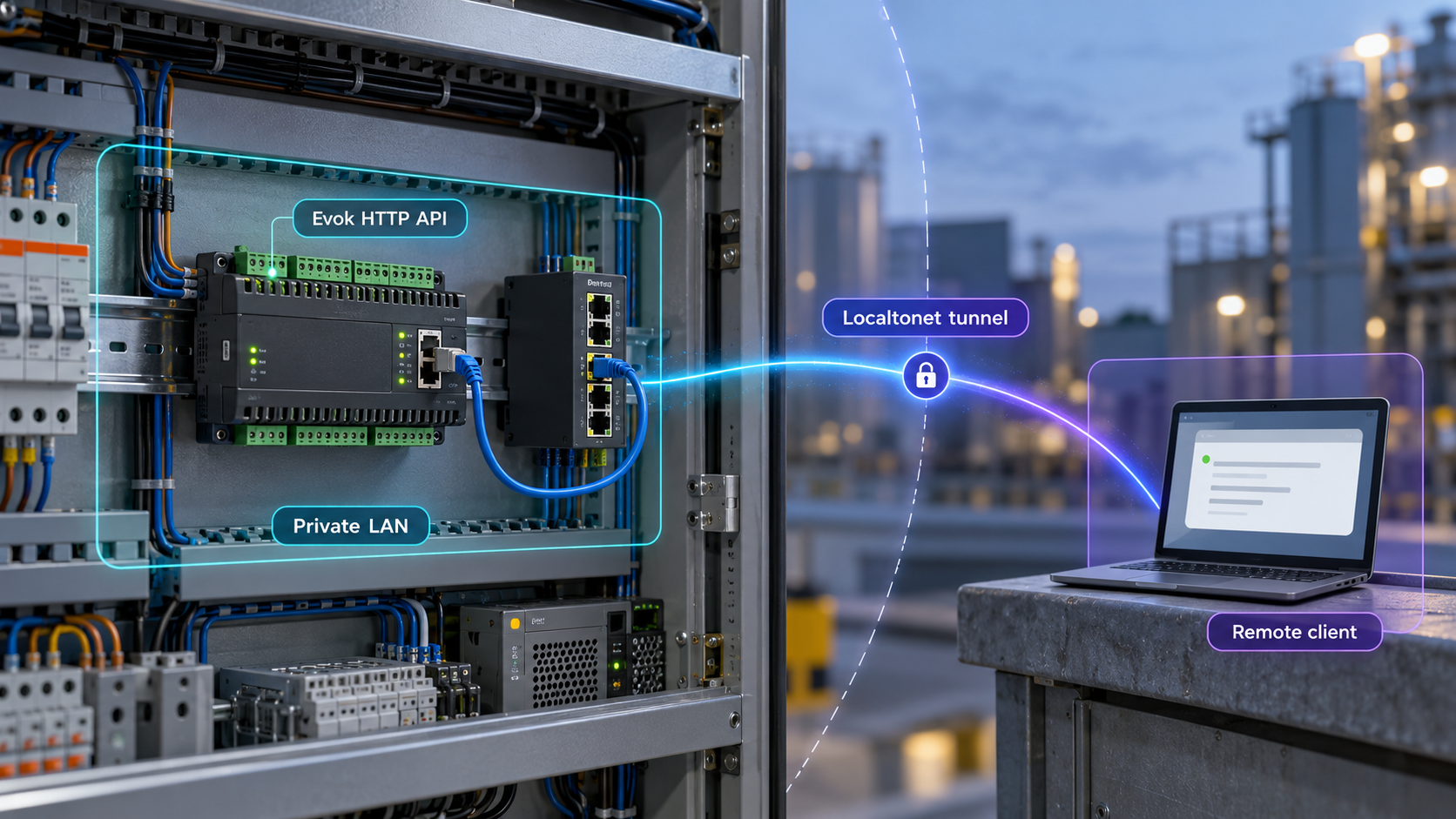 Unipi controller running Evok and connected through a Localtonet tunnel to a remote client.
