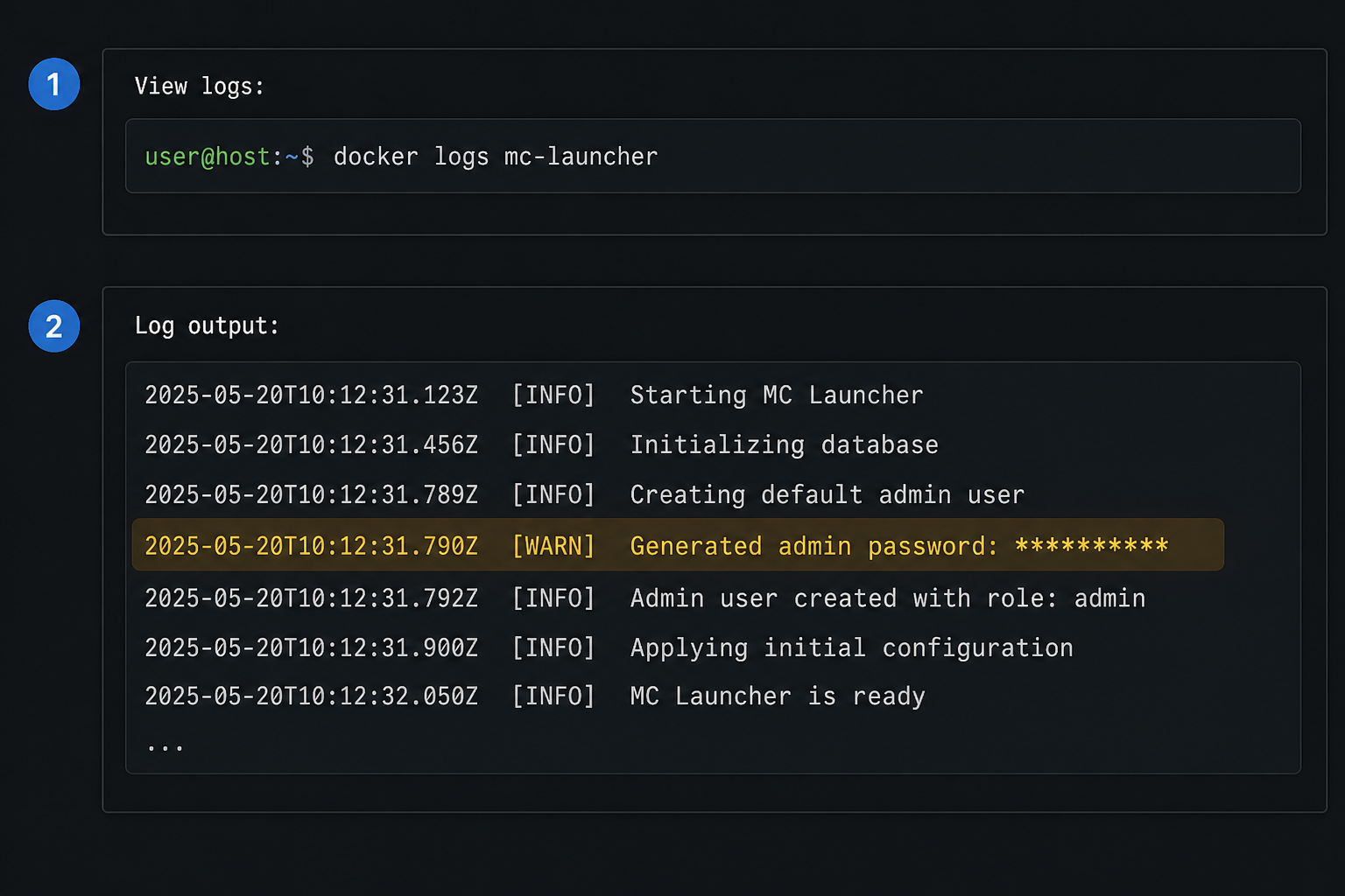 Terminal showing container logs with the admin password line highlighted and its value masked