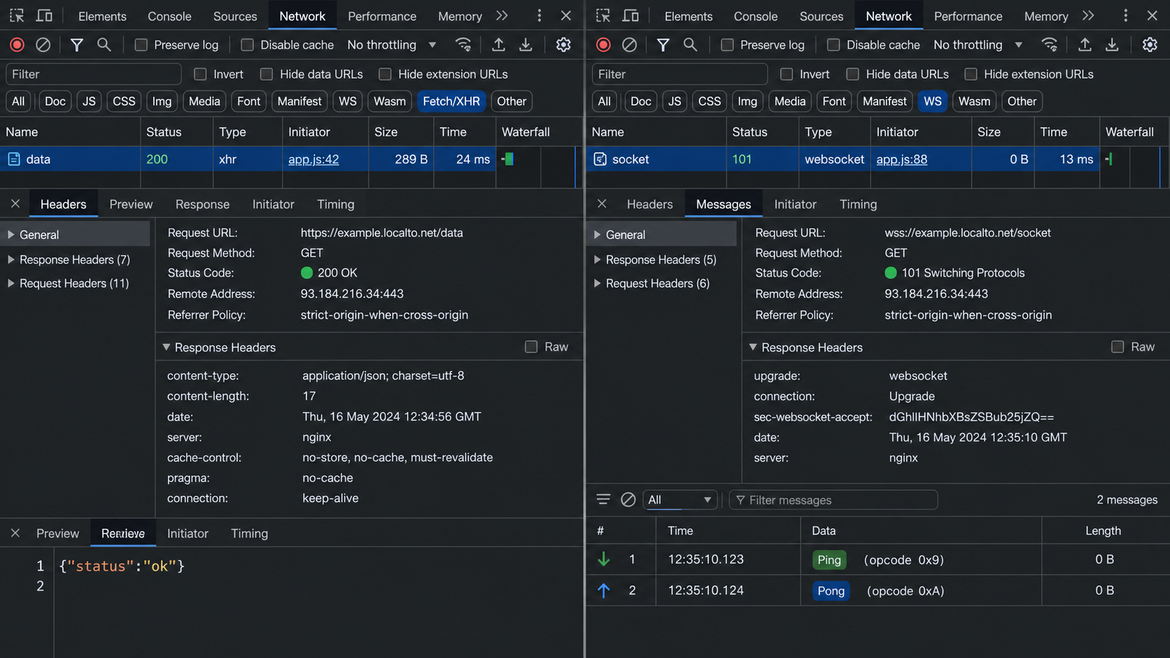 Chrome DevTools showing a 200 API response and a 101 WebSocket connection.