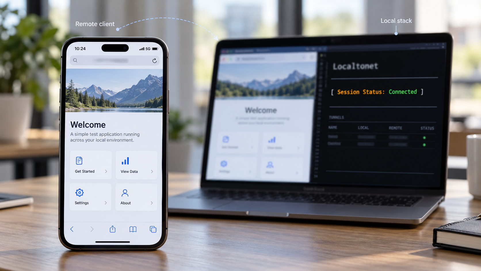 A phone on cellular data loads the public preview while the application runs on a local laptop.
