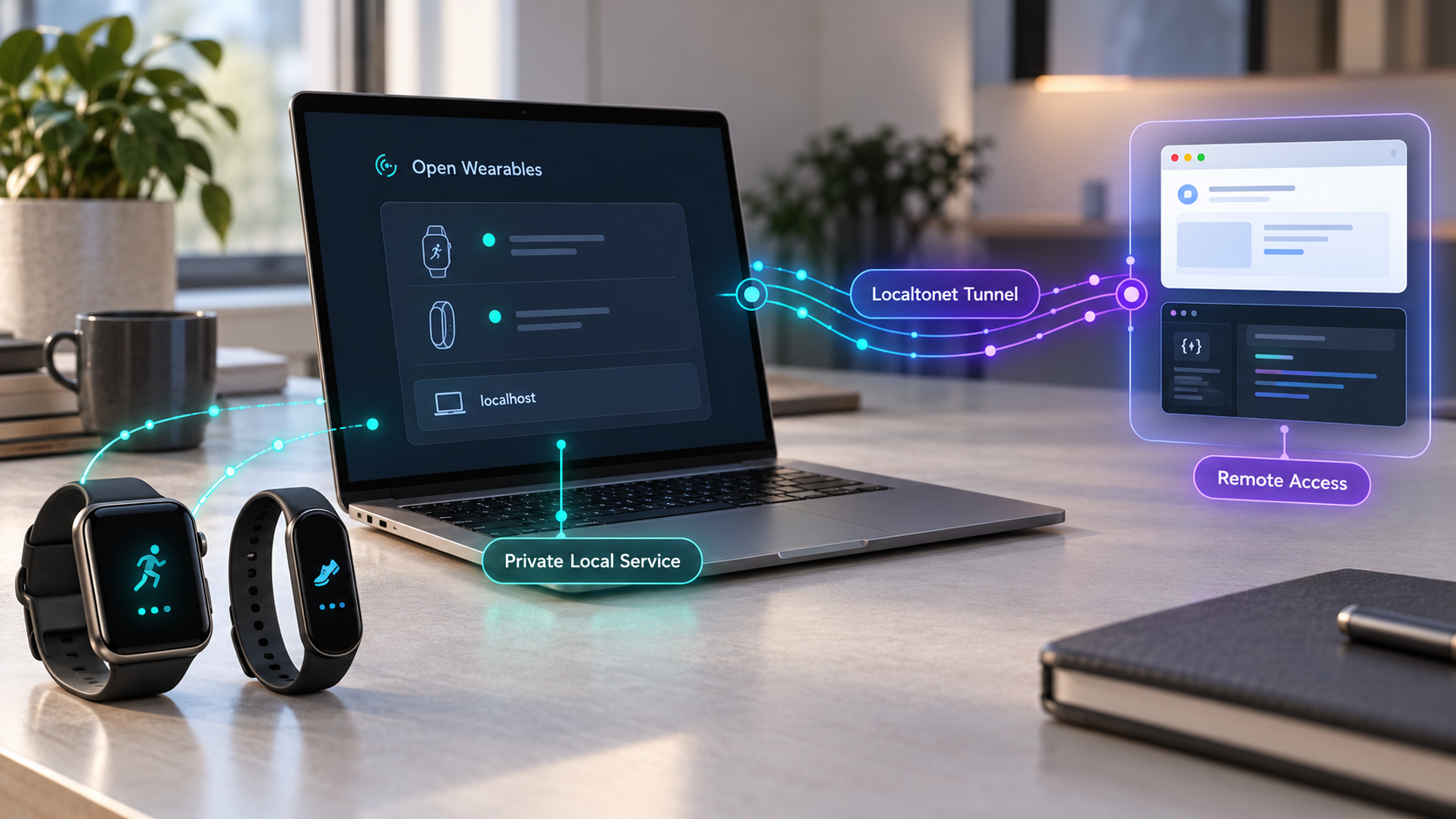 Wearable devices connect to a locally hosted Open Wearables service with remote access through a Localtonet tunnel.