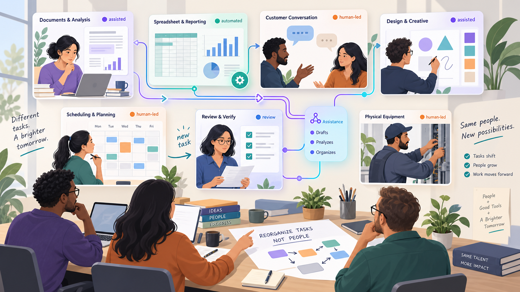 Illustration showing AI assisting, automating, and creating different tasks within several kinds of work.