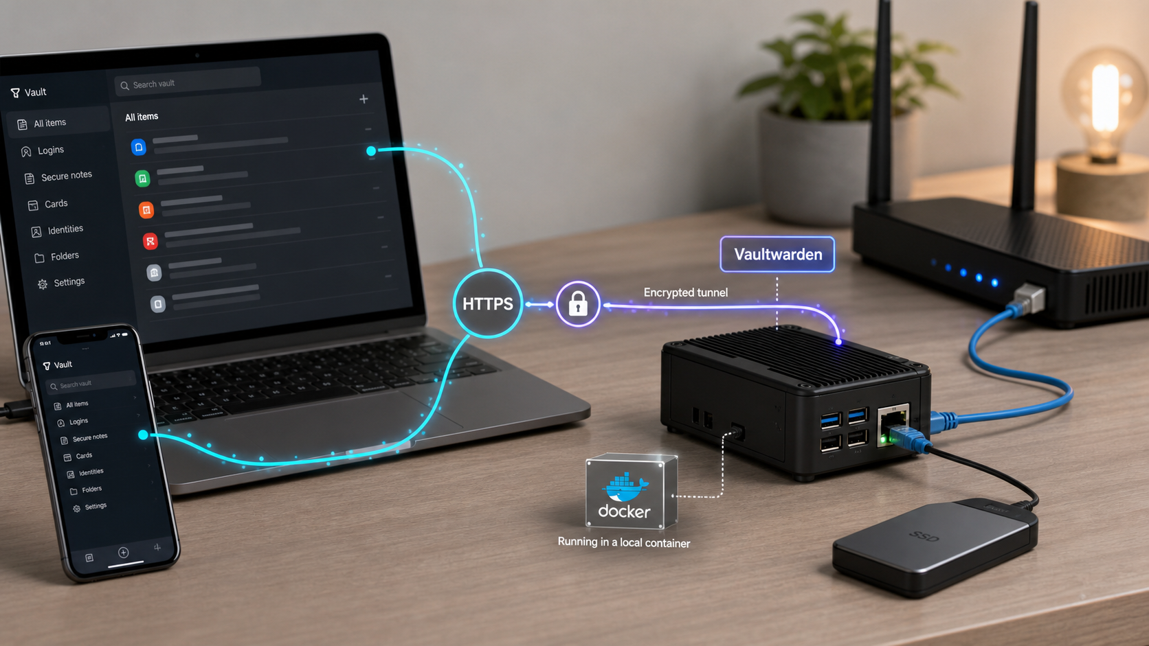 Self-hosted Vaultwarden server connected securely to laptop and phone clients.
