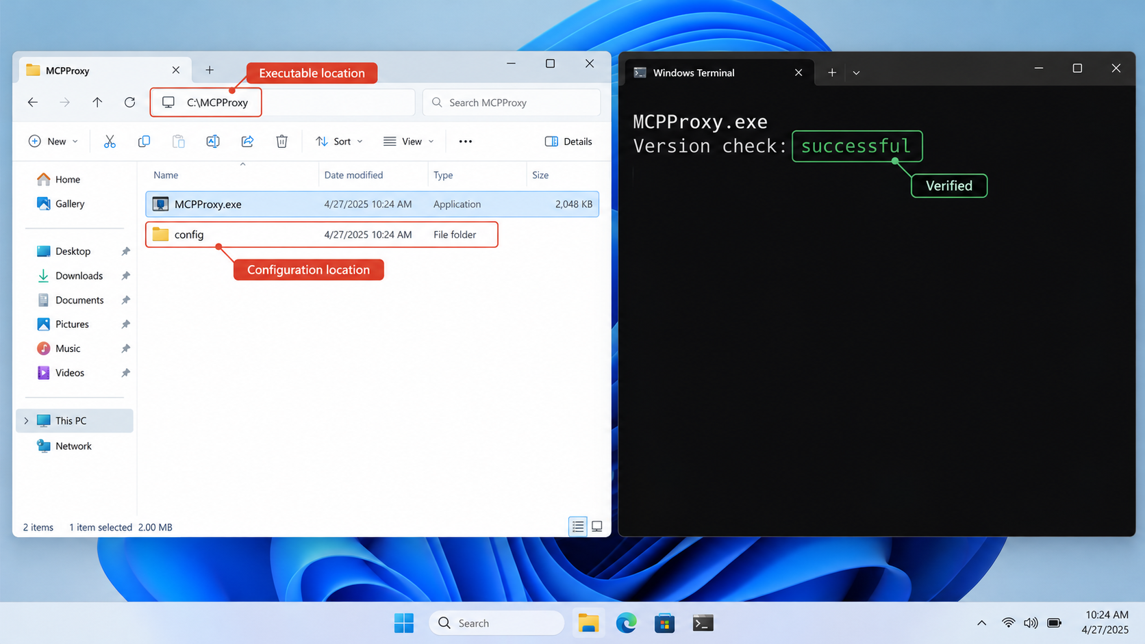 MCPProxy executable in File Explorer beside a successful Windows Terminal version check.