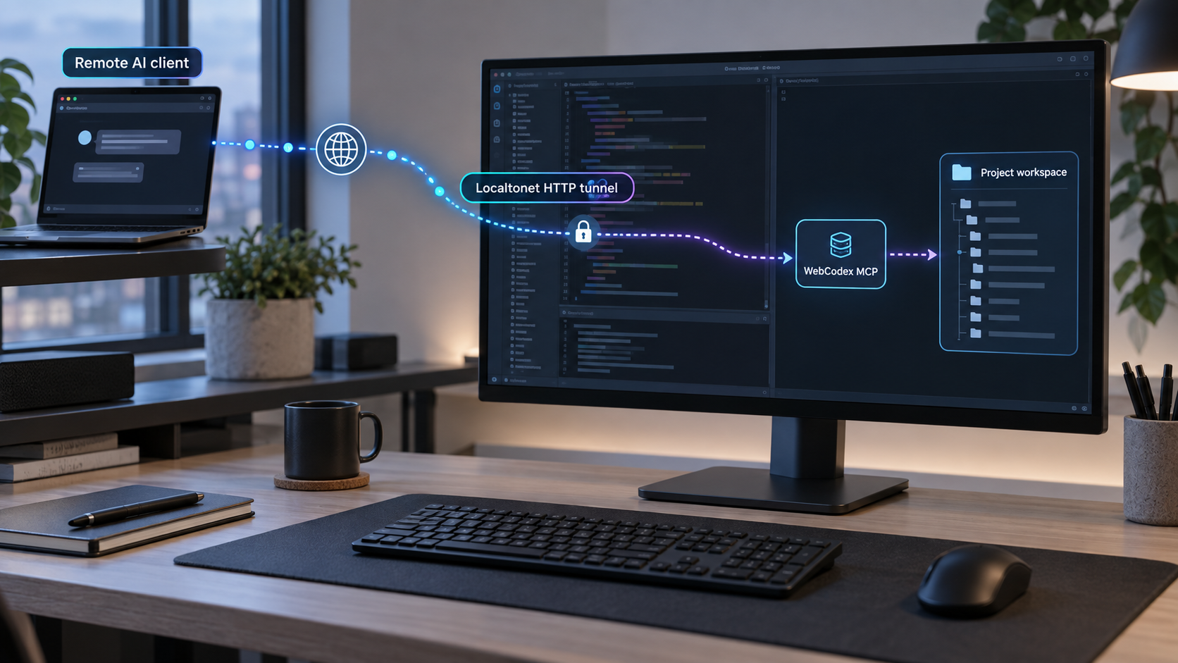 Remote AI client connecting through a Localtonet HTTP tunnel to WebCodex on a Linux workstation.