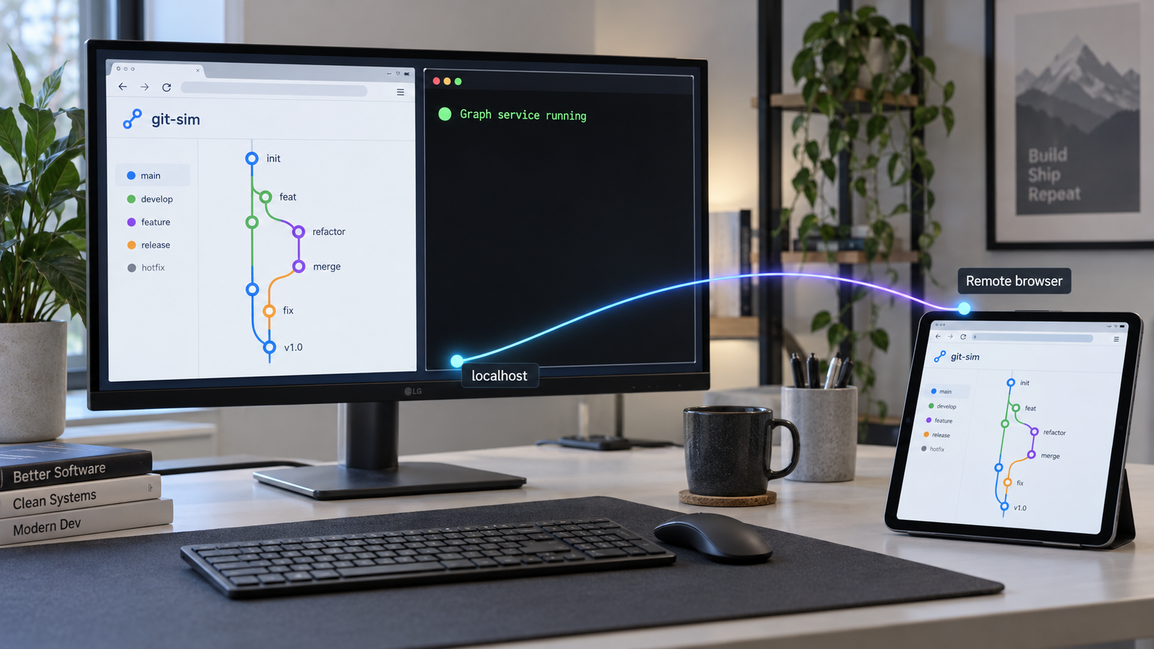 A local git-sim graph shared through a tunnel to a remote browser
