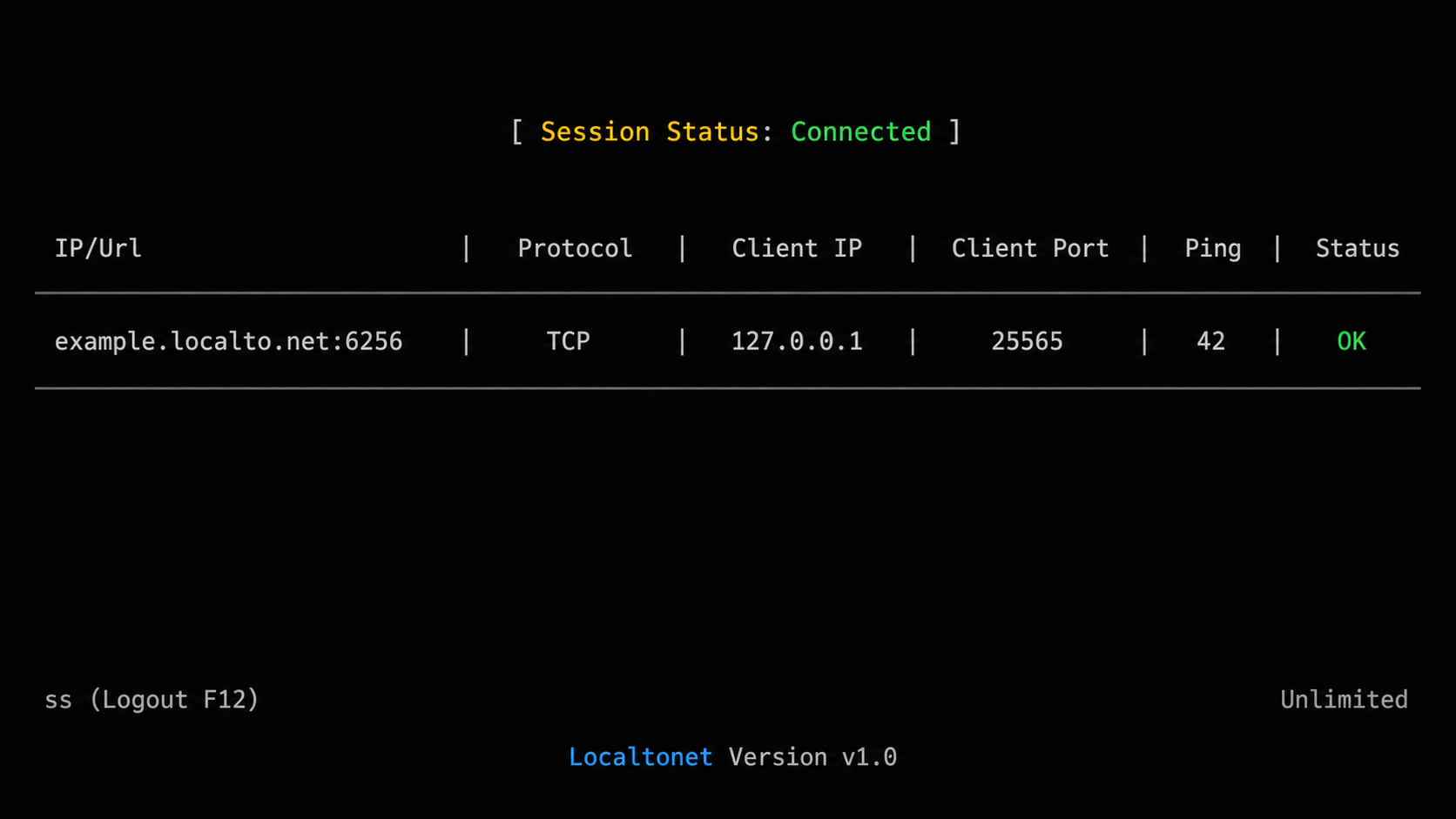 Localtonet console showing a connected TCP tunnel to local port 25565.