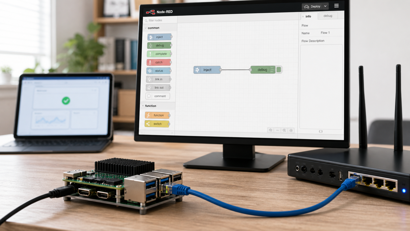 A small self-hosted computer running Node-RED beside an Ethernet router and browser display.