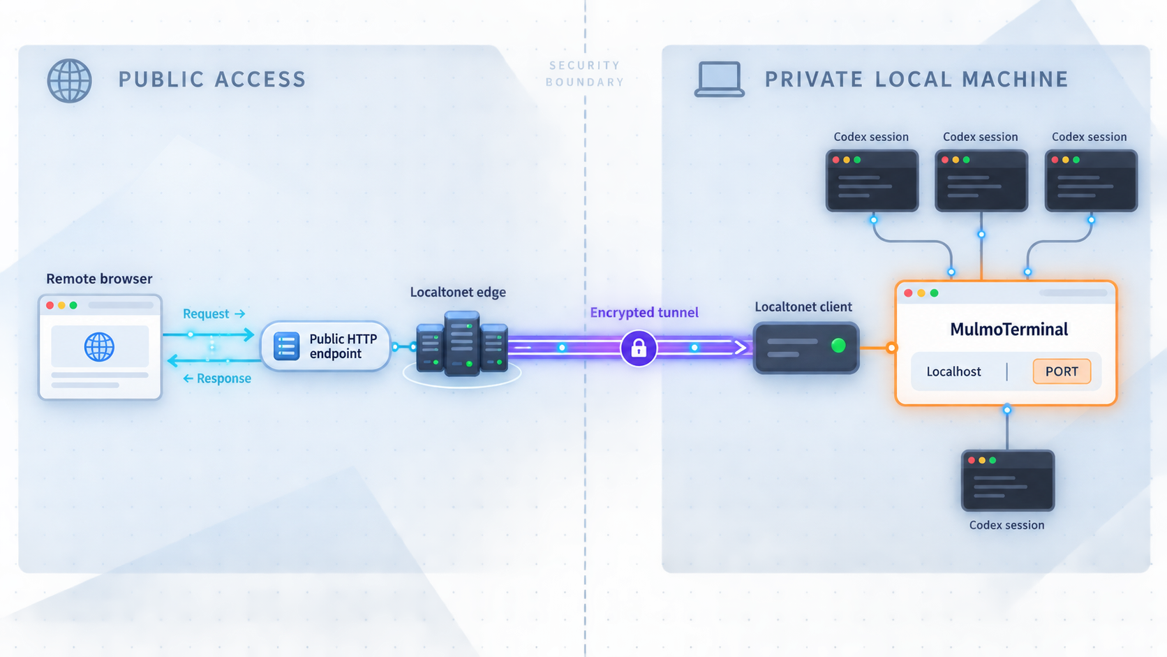 Topology showing remote browser traffic passing through Localtonet to a local MulmoTerminal service.