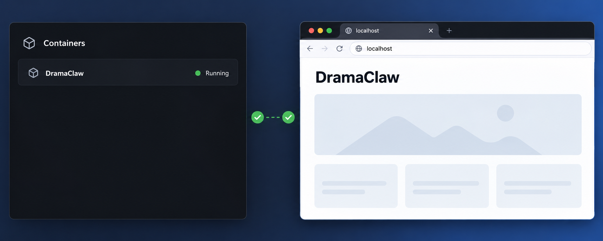 A running DramaClaw container beside its successfully loaded localhost browser page.