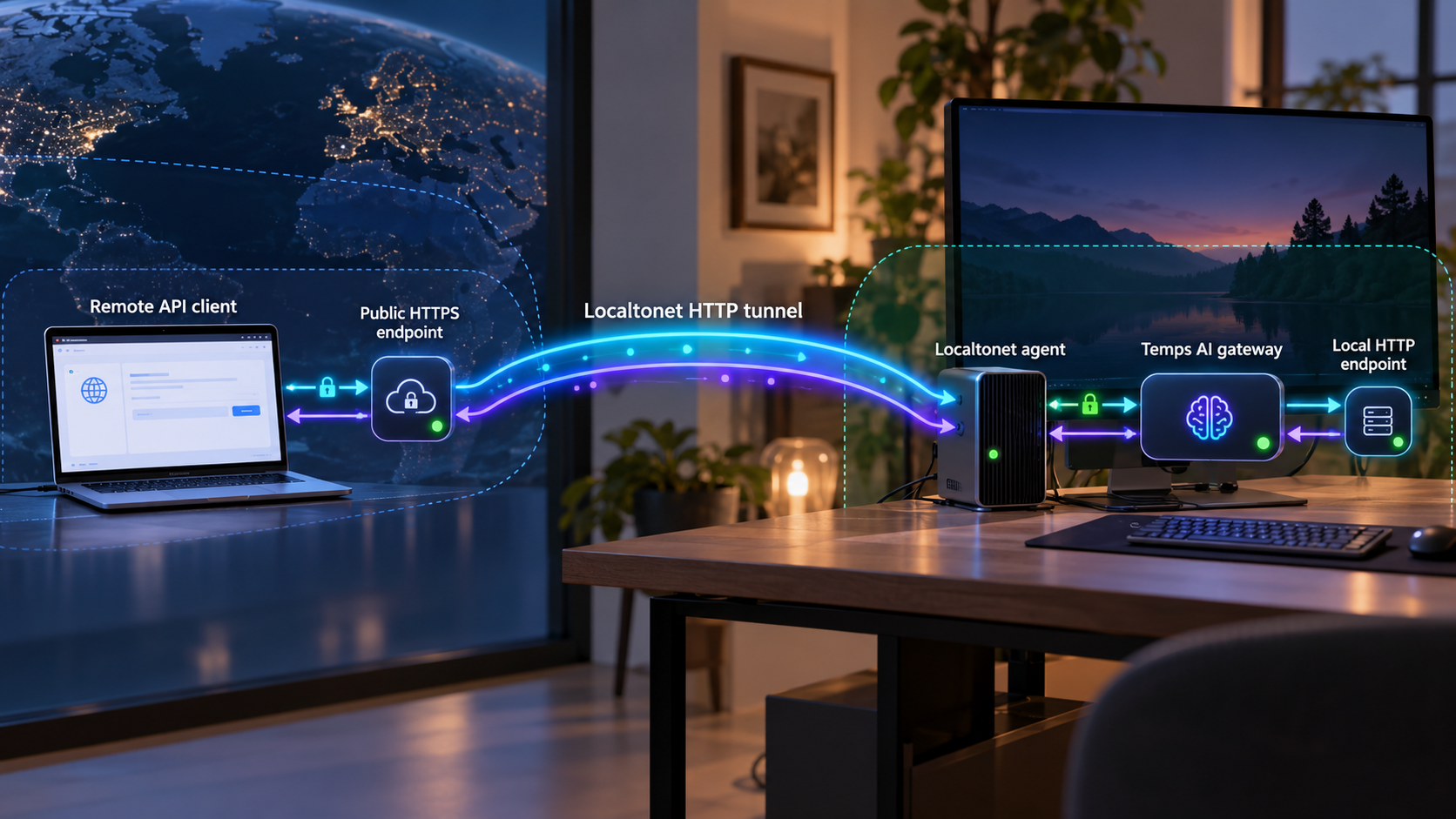 Remote API traffic reaches a locally hosted Temps gateway through a Localtonet HTTP tunnel.
