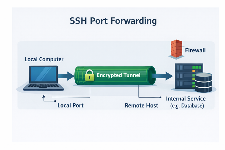 Diagram showing SSH port forwarding with an encrypted tunnel between a local computer and an internal service behind a firewall