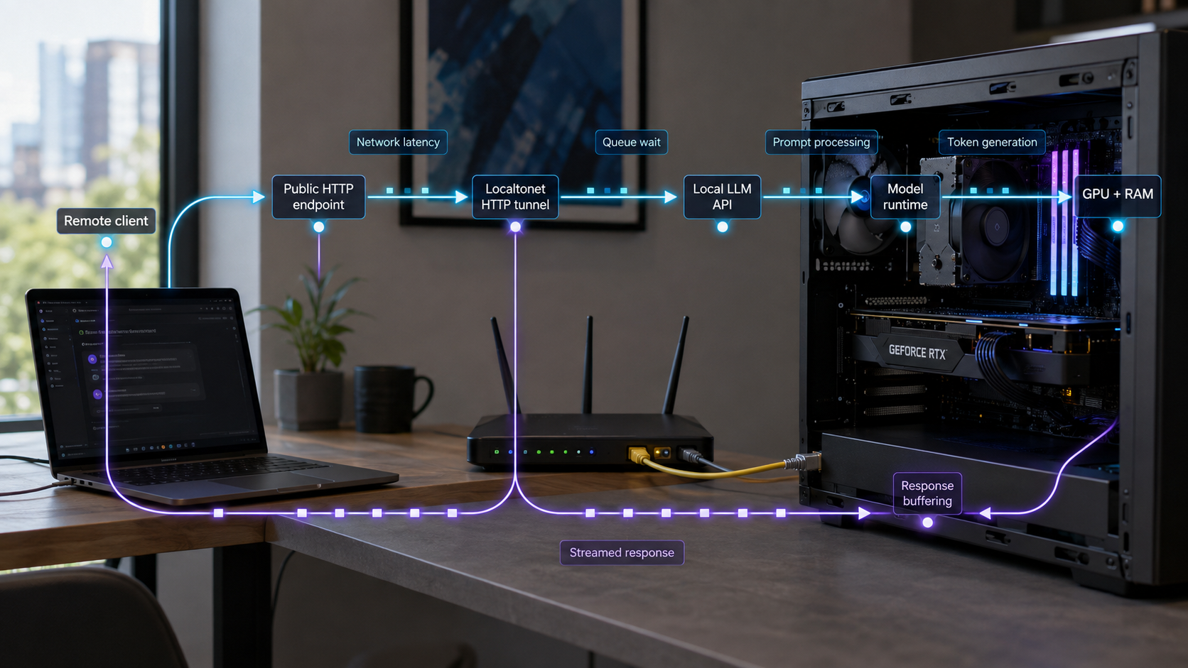 End-to-end request path from a remote client through a Localtonet tunnel to a local LLM and GPU.