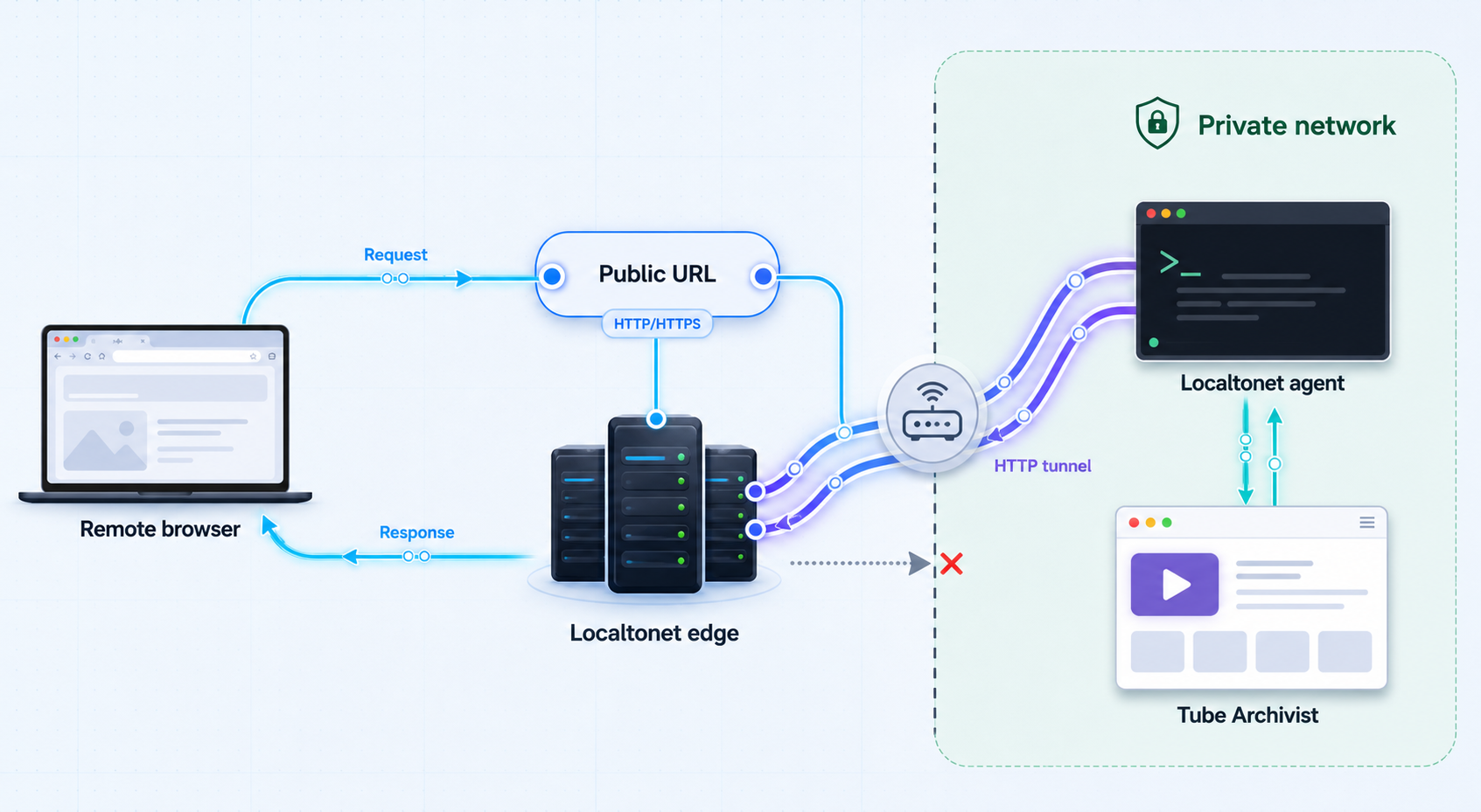 Request path from a remote browser through Localtonet to Tube Archivist on a private network.