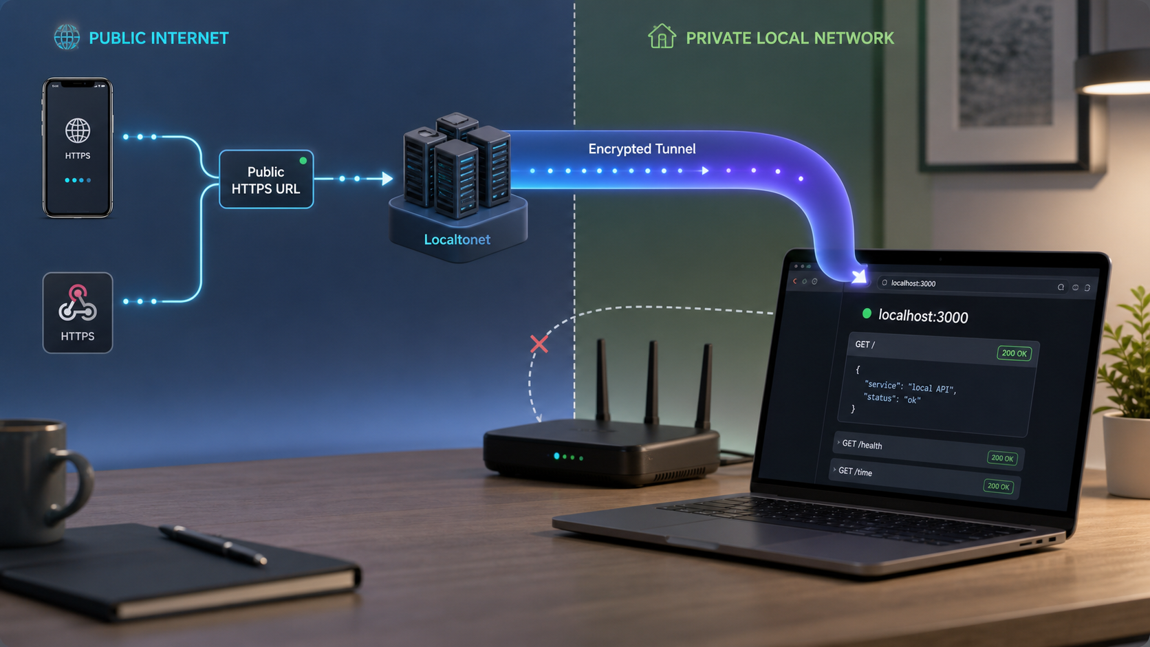 Public HTTPS requests travel through an encrypted tunnel to an API running on localhost.