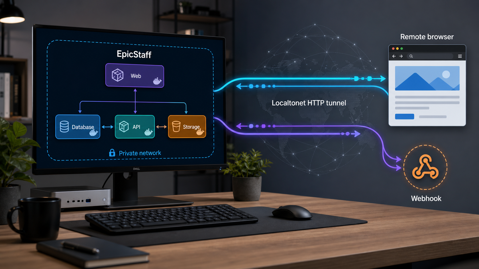 EpicStaff running in Docker on a local workstation and connected to remote clients through a Localtonet HTTP tunnel.