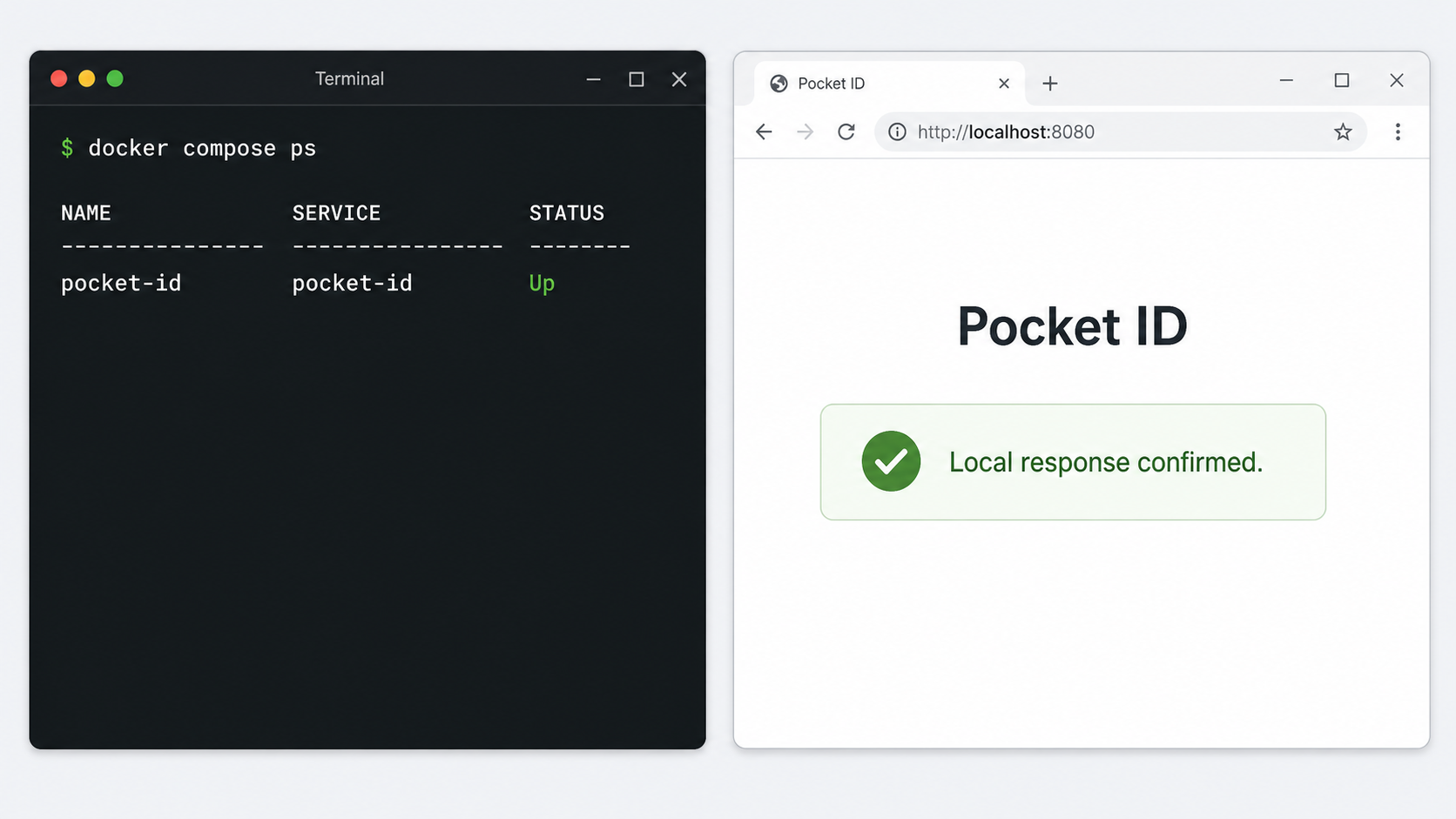 Docker reports Pocket ID running while its local page loads in a browser.