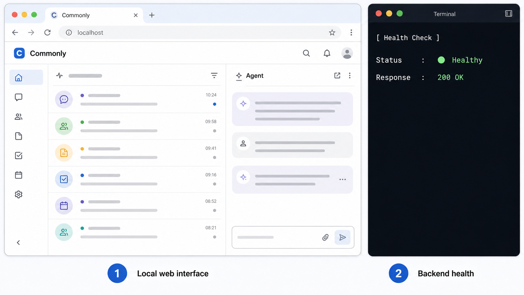 Local Commonly web interface beside a successful backend health check.
