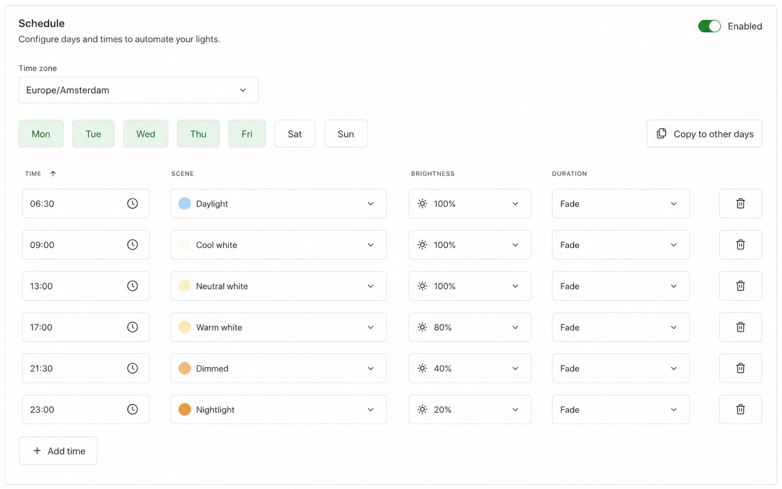 Kelvin web interface showing a time-based Hue lighting schedule.