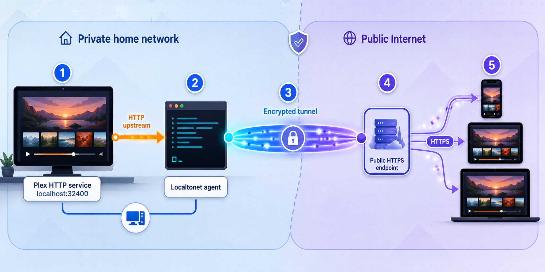 Flow from the local Plex HTTP service through Localtonet to a public HTTPS endpoint.