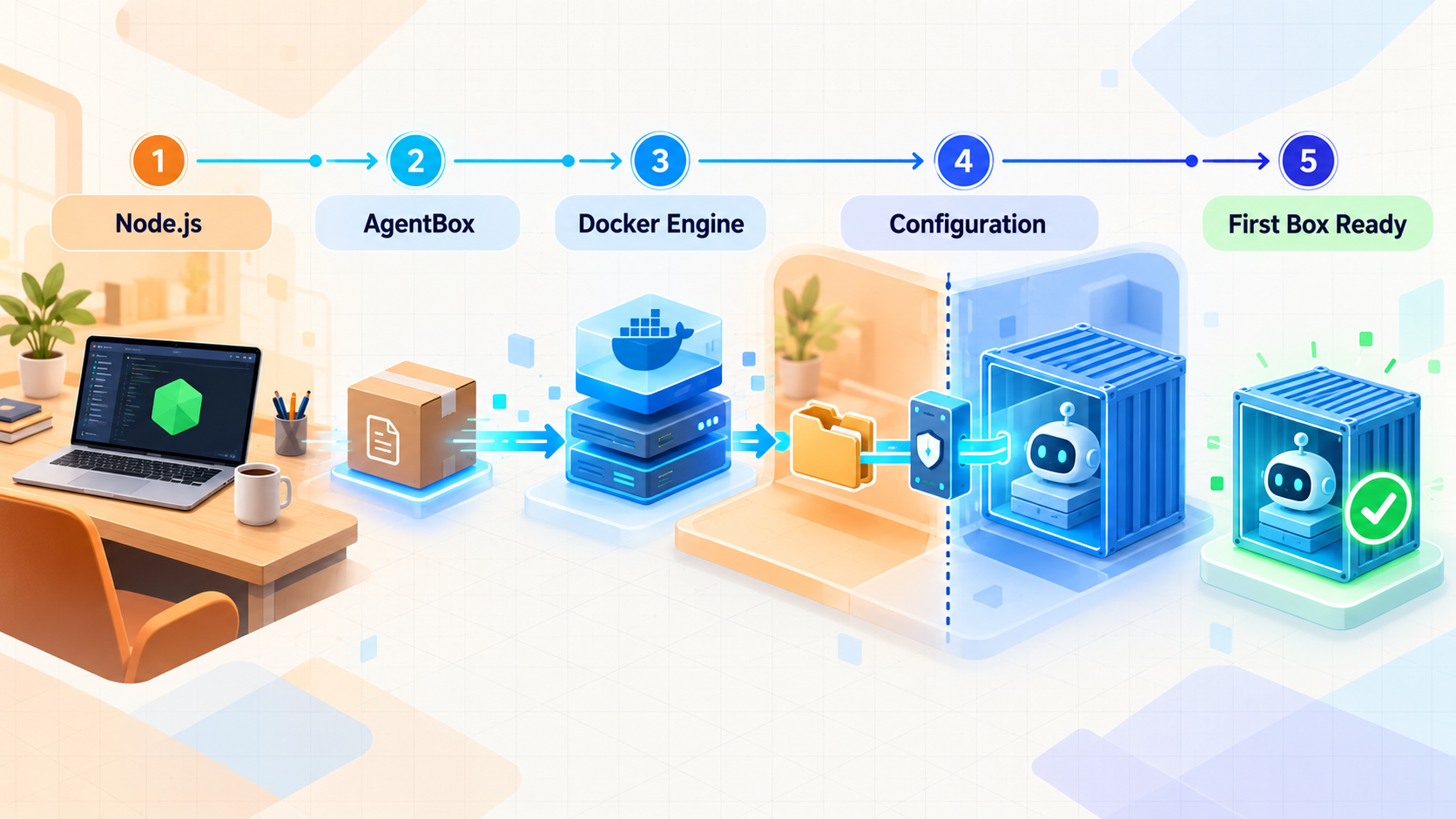 Installation flow from Node.js and Docker prerequisites to a configured AgentBox container.