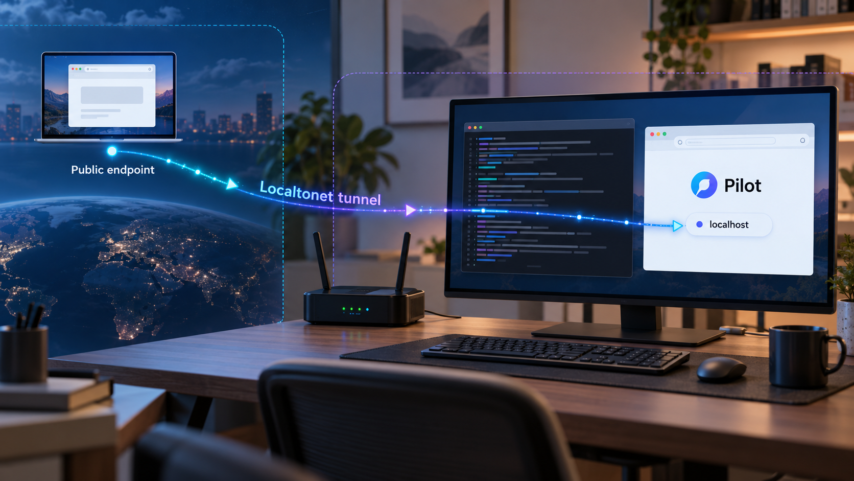 Pilot running locally while a Localtonet tunnel connects its HTTP gateway to a remote browser.