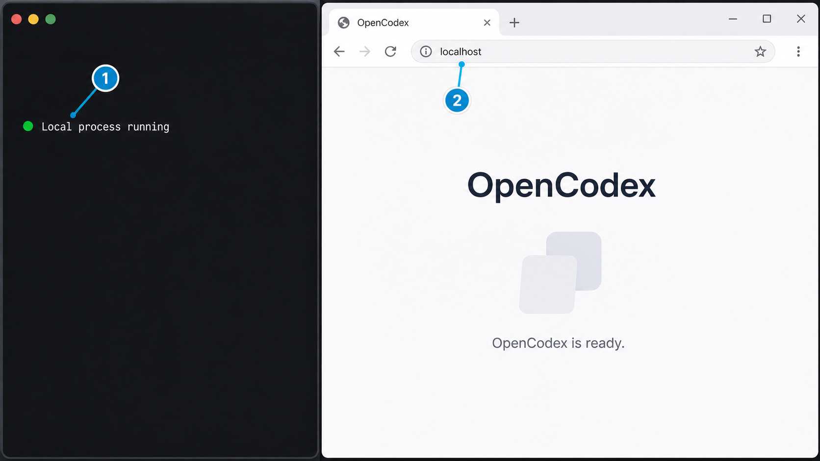 Running OpenCodex process beside its dashboard loaded from localhost.