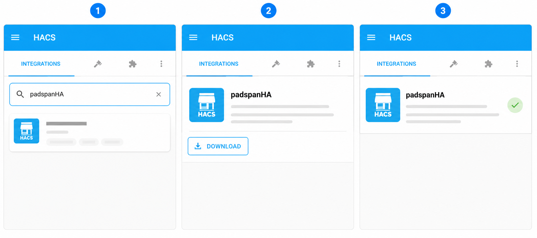 Three HACS views show searching for, opening, and downloading padspanHA.