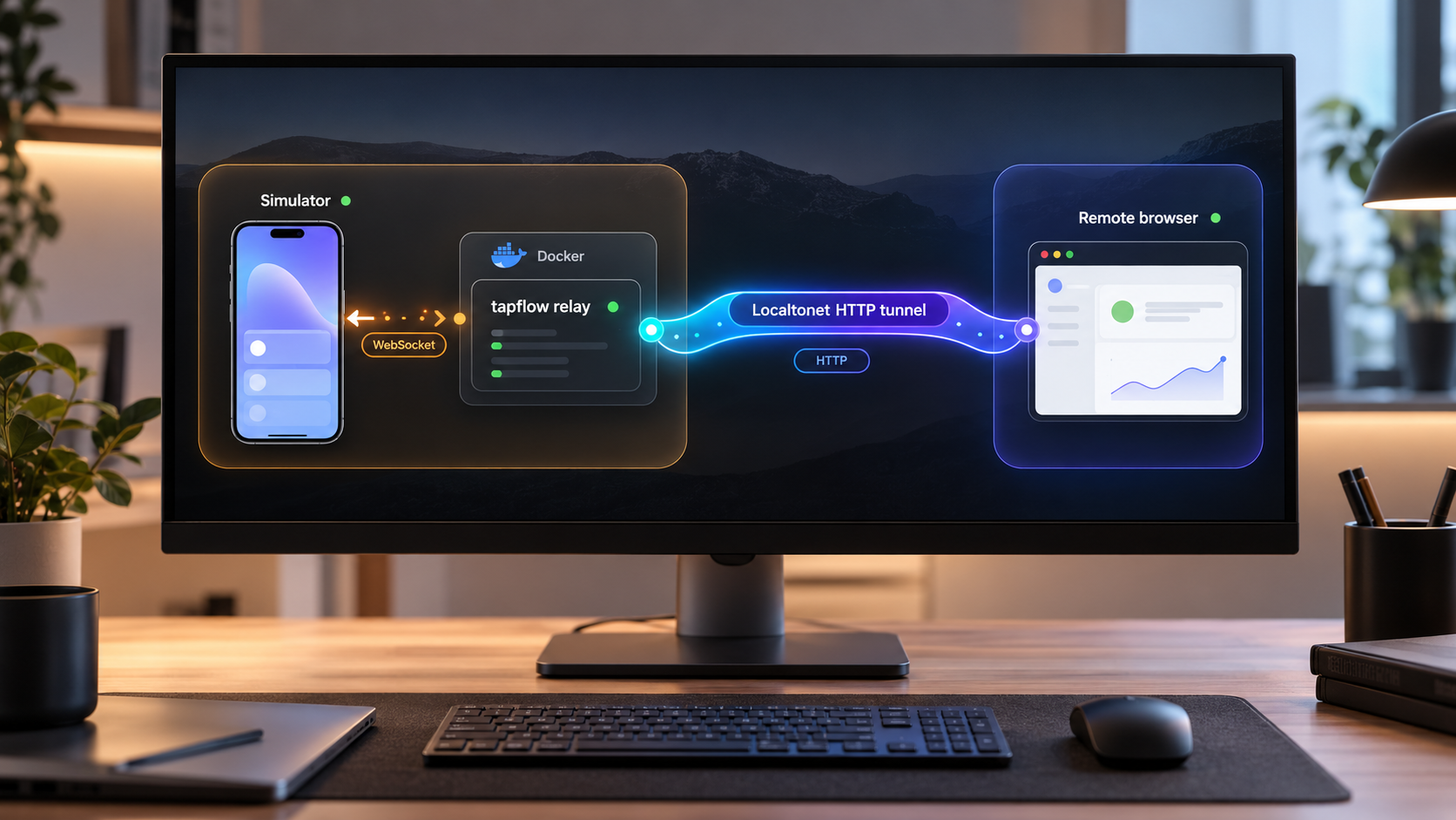 Docker-hosted tapflow relay connected to a simulator and a remote browser through a Localtonet tunnel.