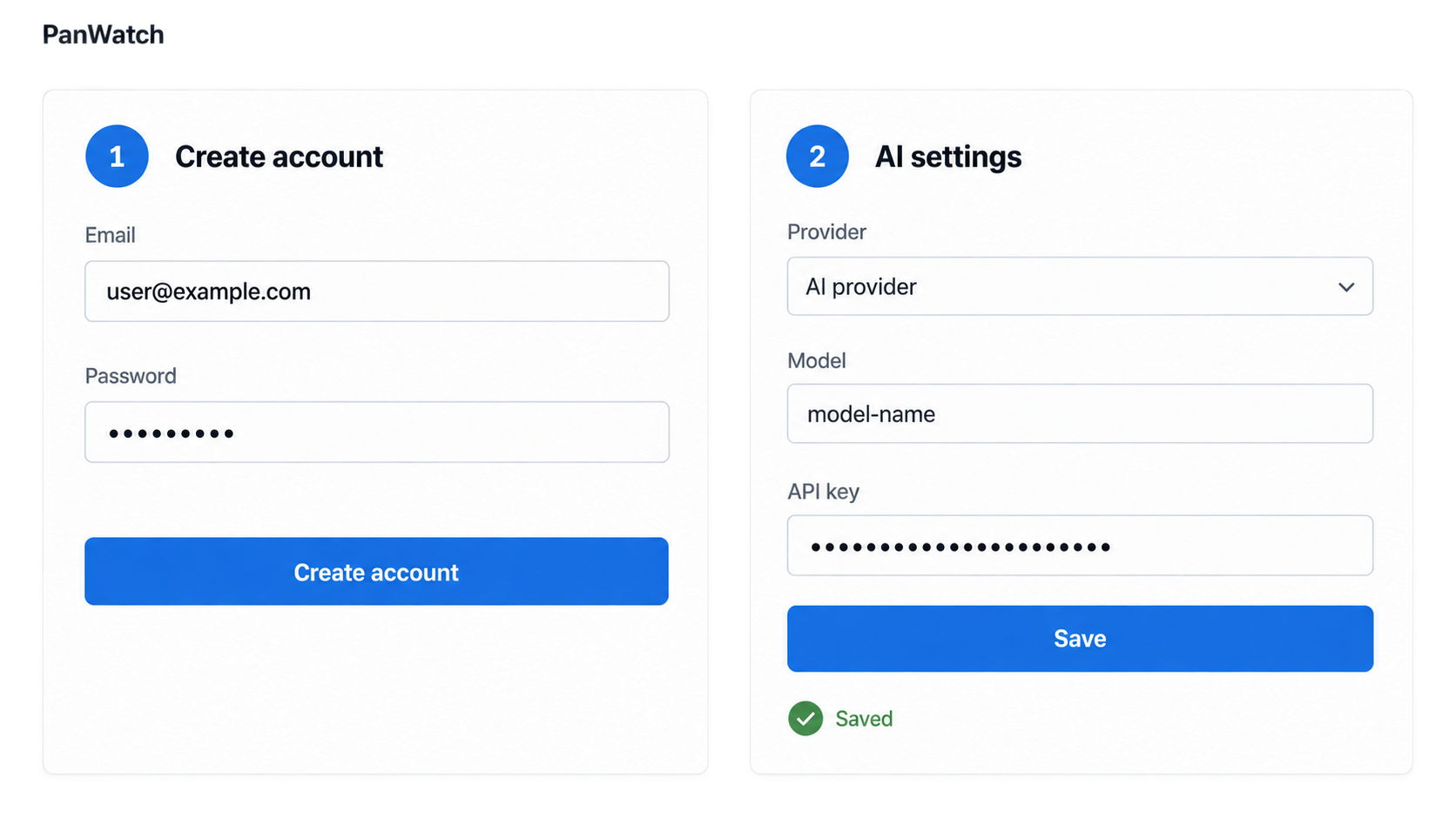 PanWatch account setup and AI configuration with the API key masked.