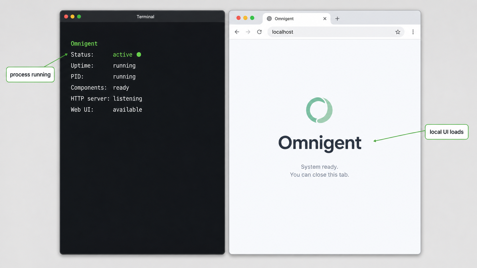 Terminal and localhost browser checks used to verify that Omnigent is running.