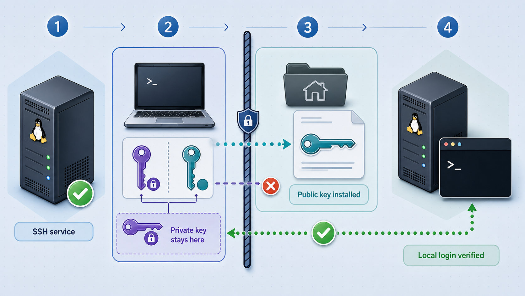 SSH key creation and local login verification flow between a client and Linux host.