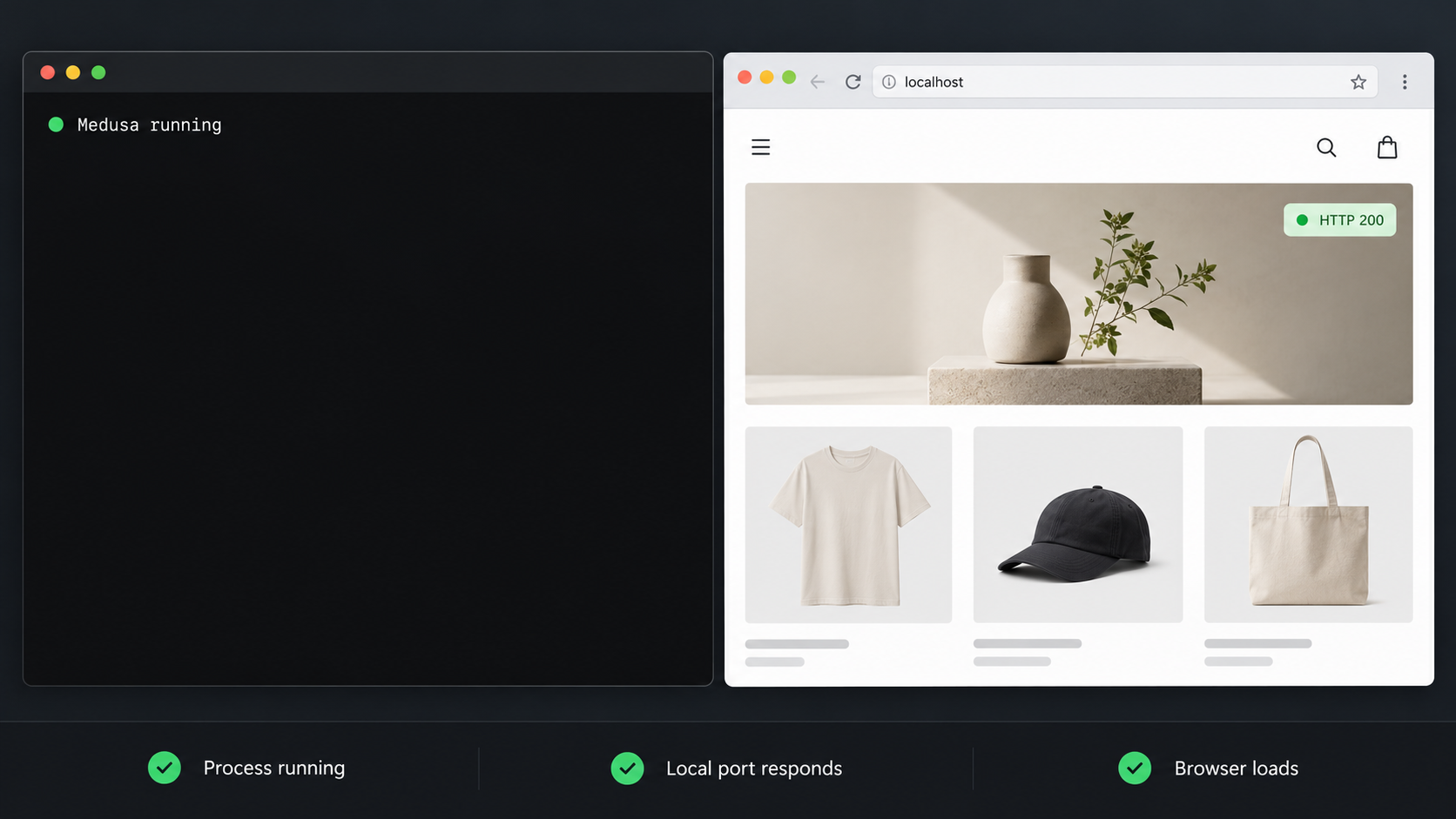 A running Medusa process beside a successful browser response from localhost.