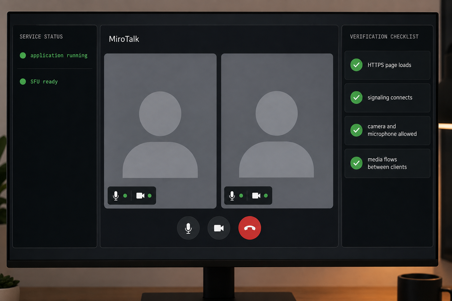 Local verification view checking the MiroTalk service, browser access, signaling, and media flow.