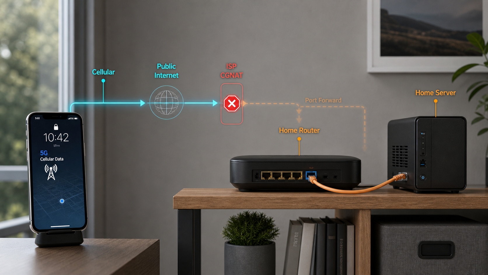 A remote phone connection is blocked at the ISP's CGNAT gateway before reaching a home router and server.
