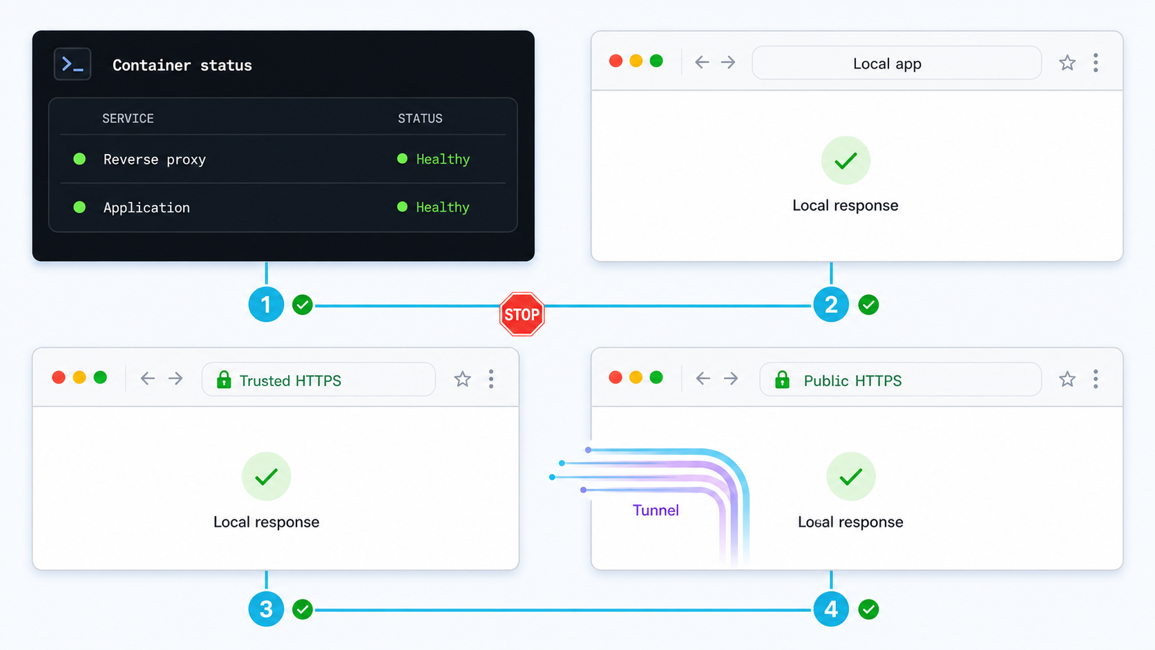 Four-stage check of containers, local HTTP, local HTTPS, and the public tunnel endpoint.