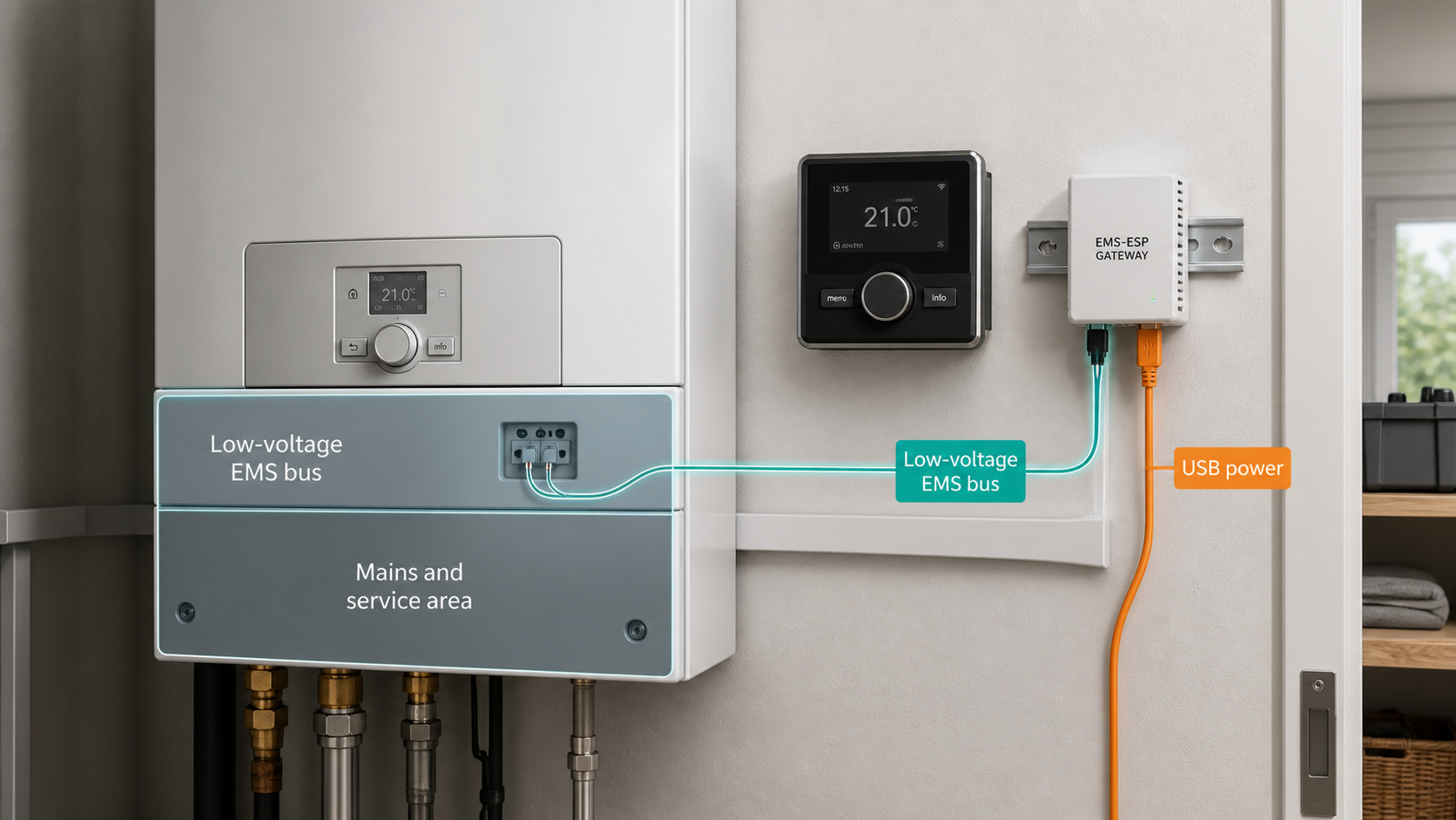 EMS-ESP connected to the low-voltage EMS bus, separate from the heating appliance mains area.