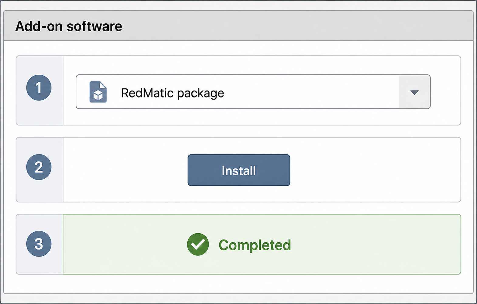 Homematic WebUI add-on page with a RedMatic package selected for installation.