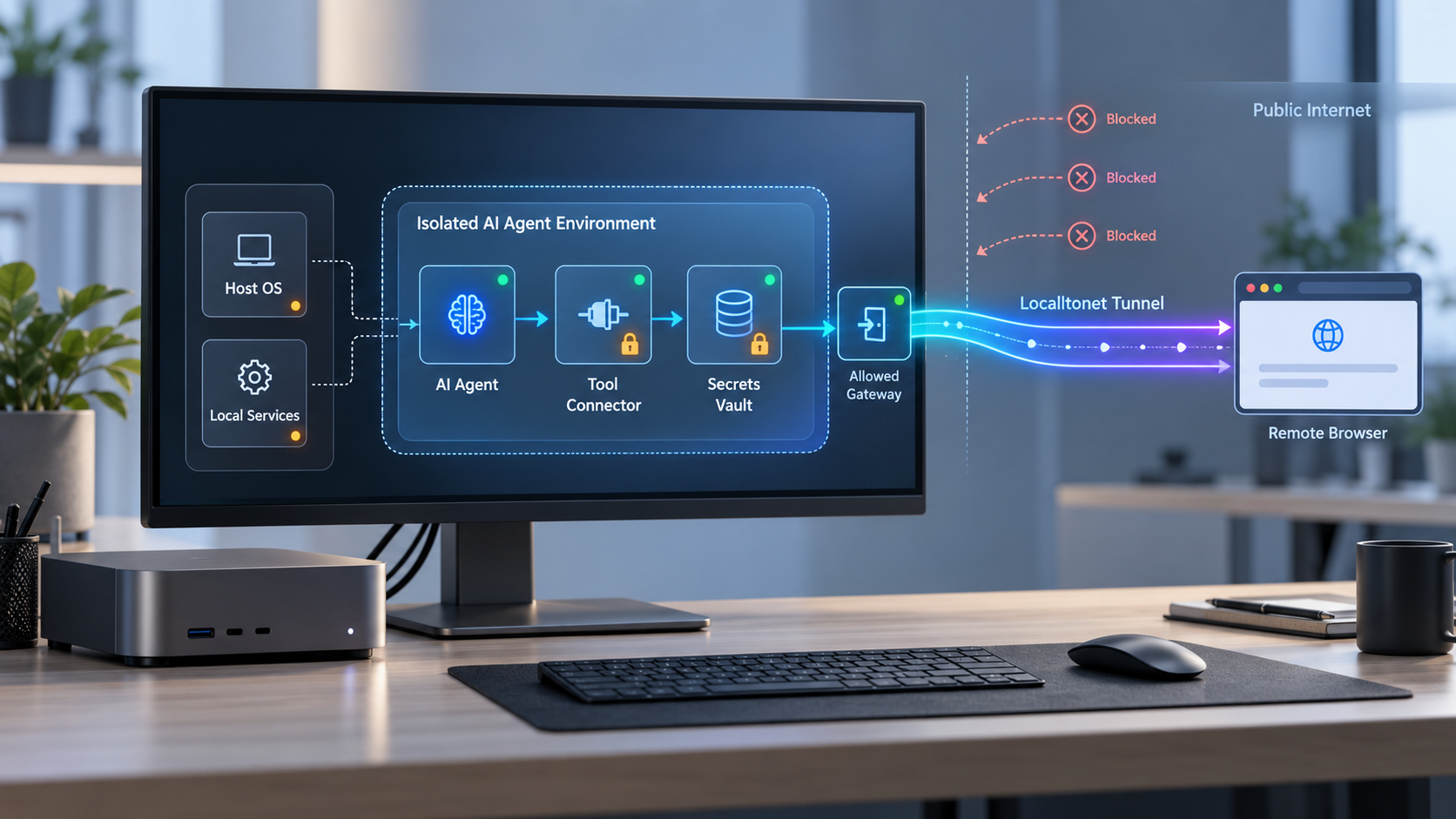 An isolated AI agent exposes one endpoint through a Localtonet tunnel while other network paths remain blocked.