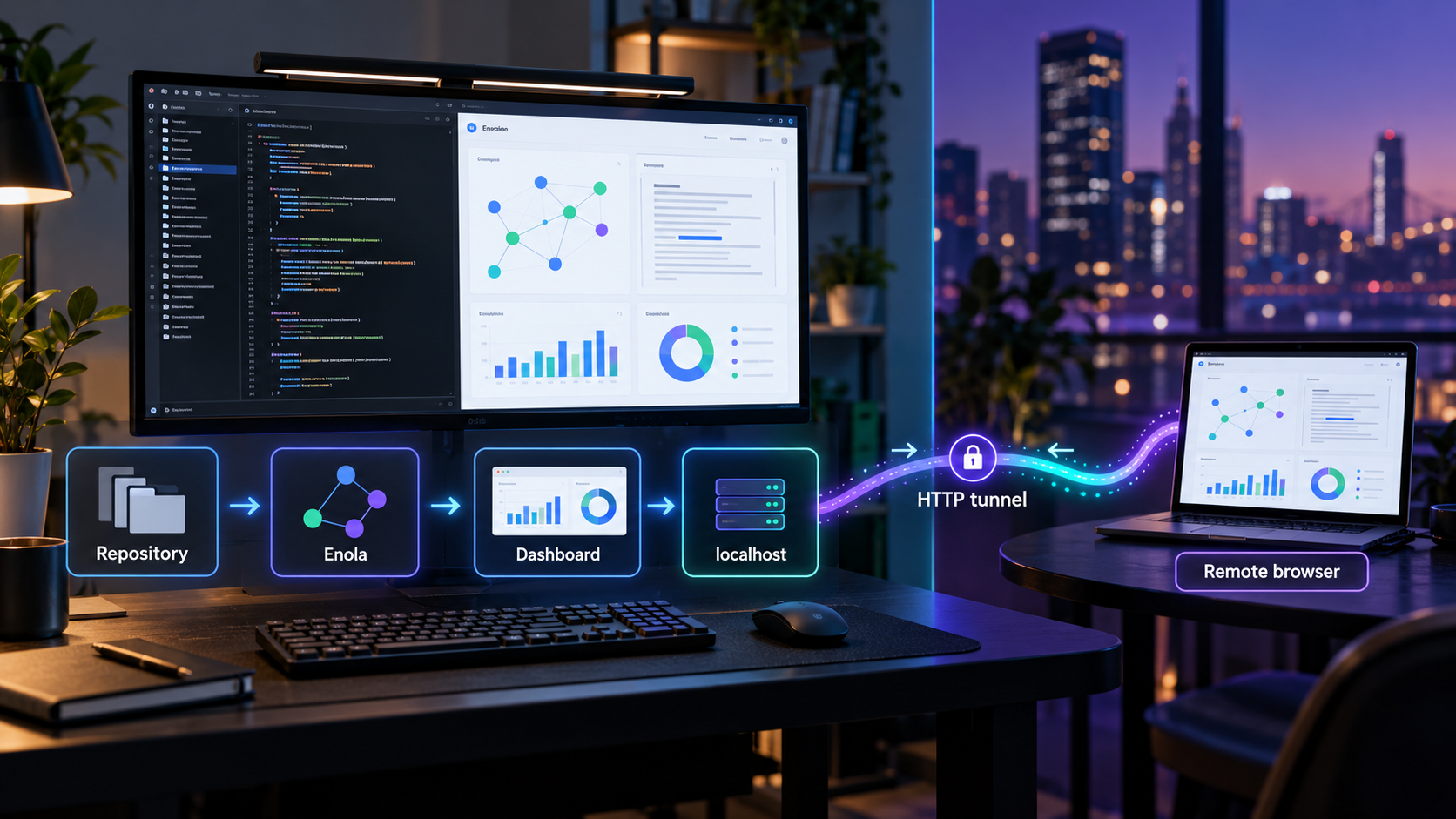 Enola analyzes a local repository, serves a dashboard on localhost, and connects to a remote browser through an HTTP tunnel.