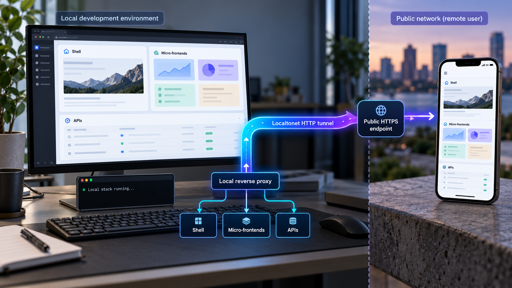 A remote phone reaches a local micro-frontend stack through one HTTP tunnel and reverse proxy.